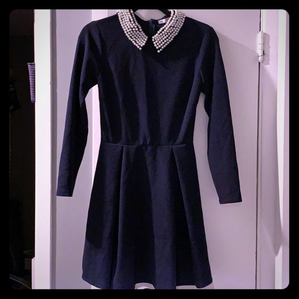 navy blue Long sleeve dress w/ beaded collar